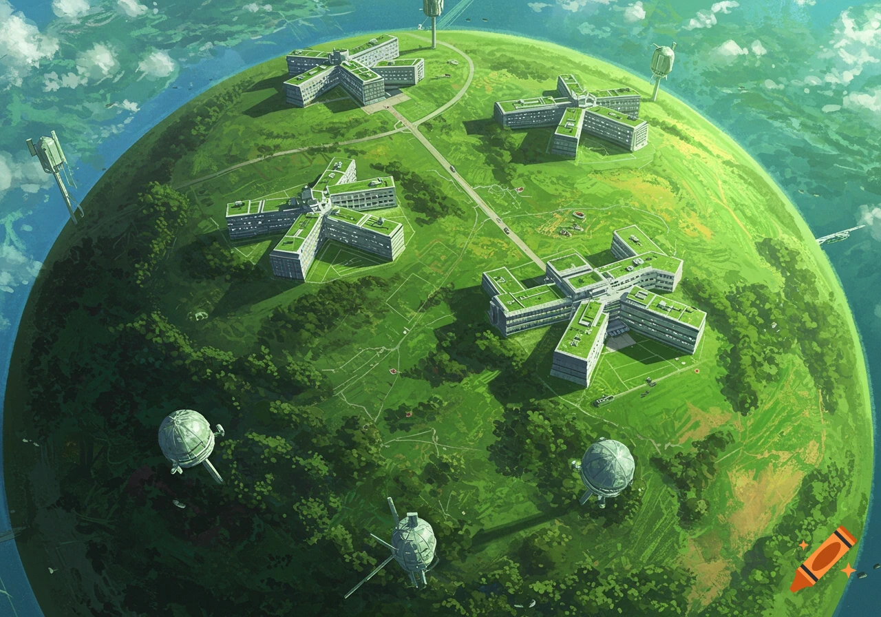Aerial view of a green planet with cross-shaped buildings on the surface.