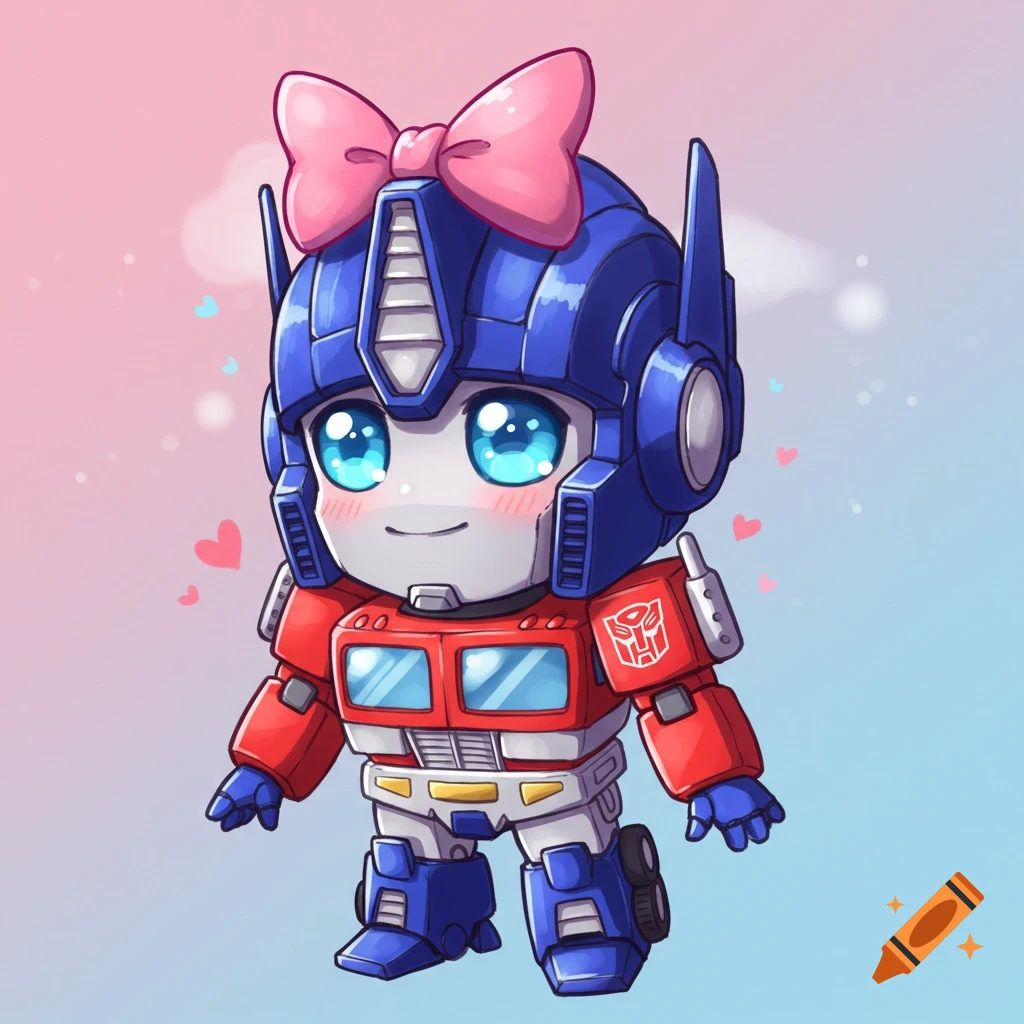 A cute chibi Optimus Prime transformer with a pink bow on its head and big blue eyes, smiling.