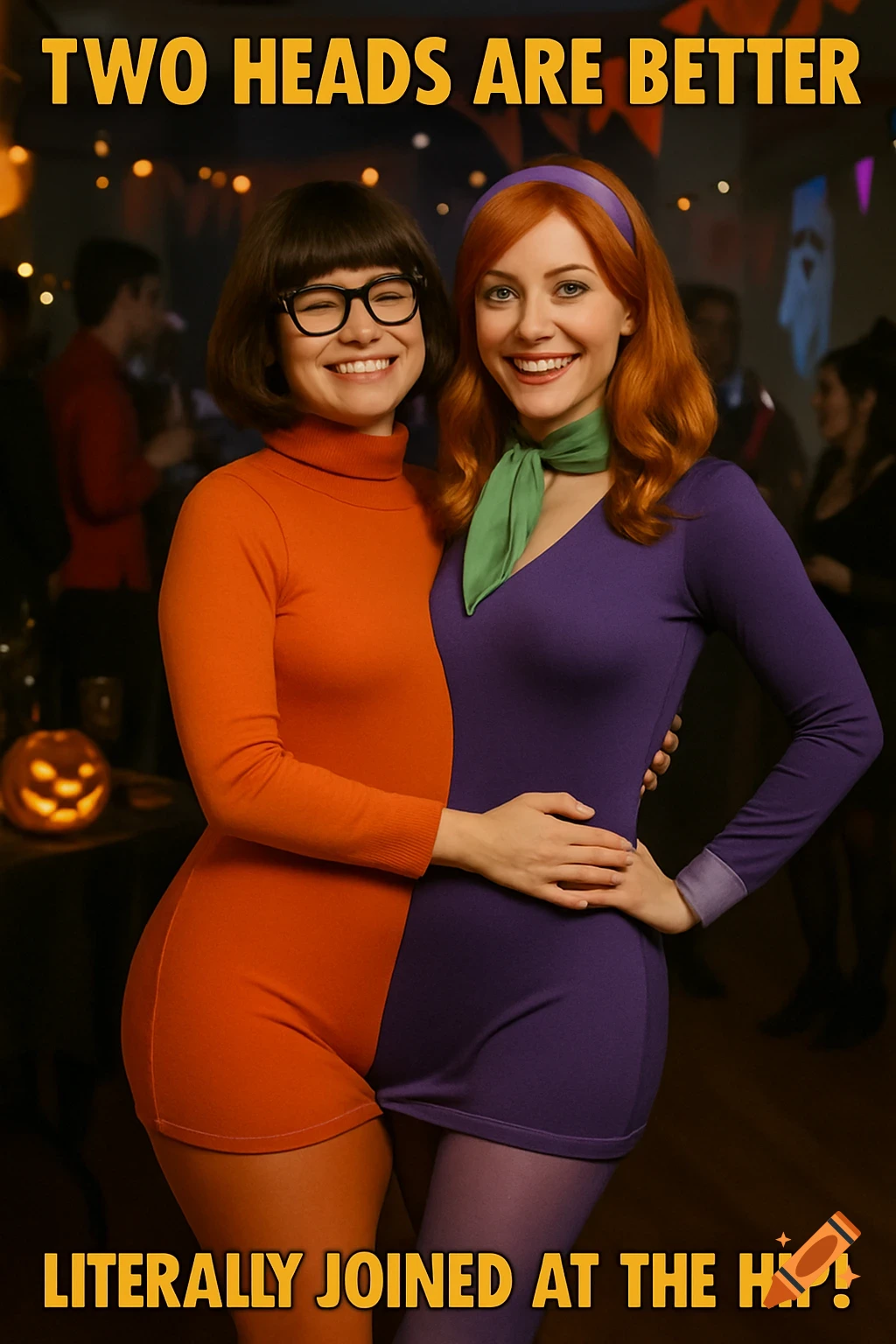 Two women in merged Velma and Daphne costumes creating a two-headed illusion at a Halloween party, with text captions.