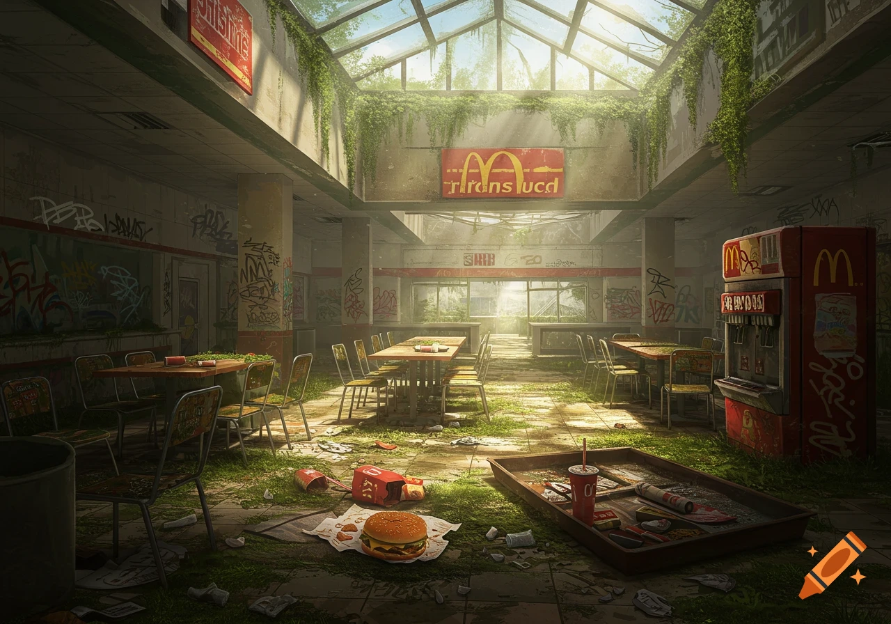 Ruined McDonald's food court overgrown with plants and littered with trash, bathed in sunlight.