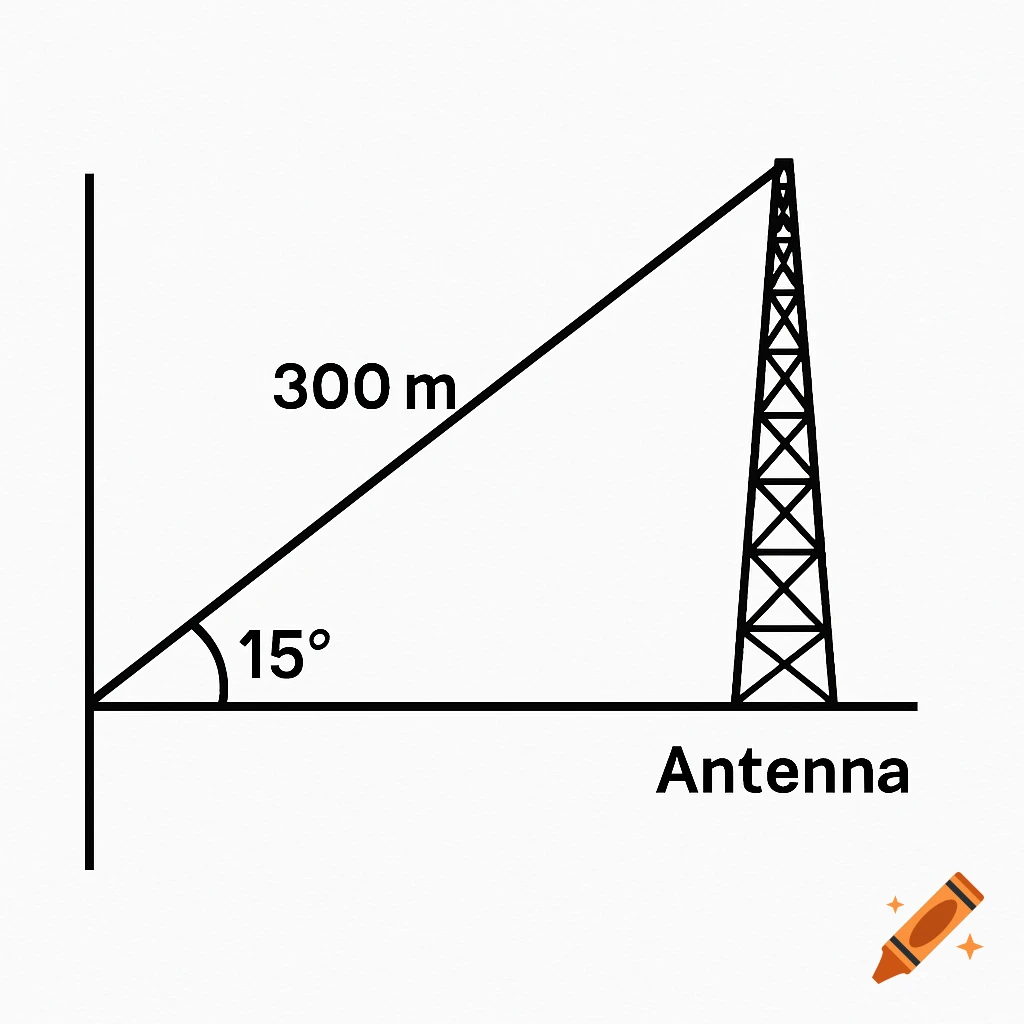 Simple diagram showing a right triangle with a 15 degree angle, 300m hypotenuse, and antenna.