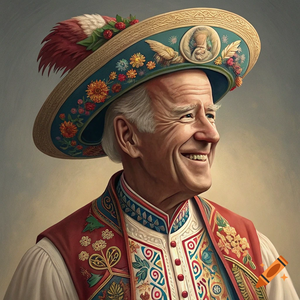 Portrait of Joe Biden wearing a traditional Bulgarian hat and clothing, smiling.
