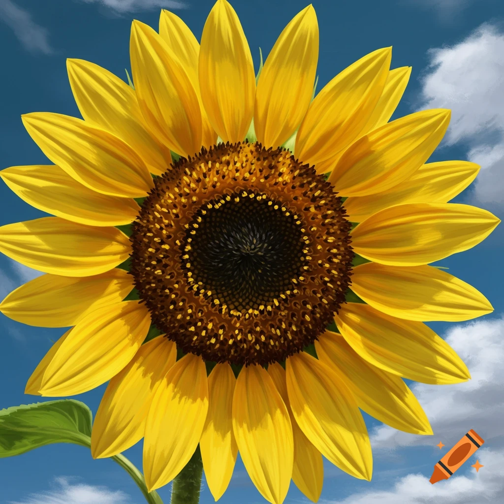 A vibrant yellow sunflower with a dark center against a blue sky with white clouds.