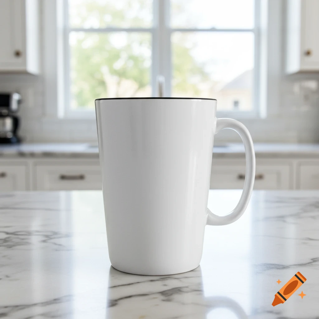 A tall white coffee mug on a marble kitchen counter with a window in the background.