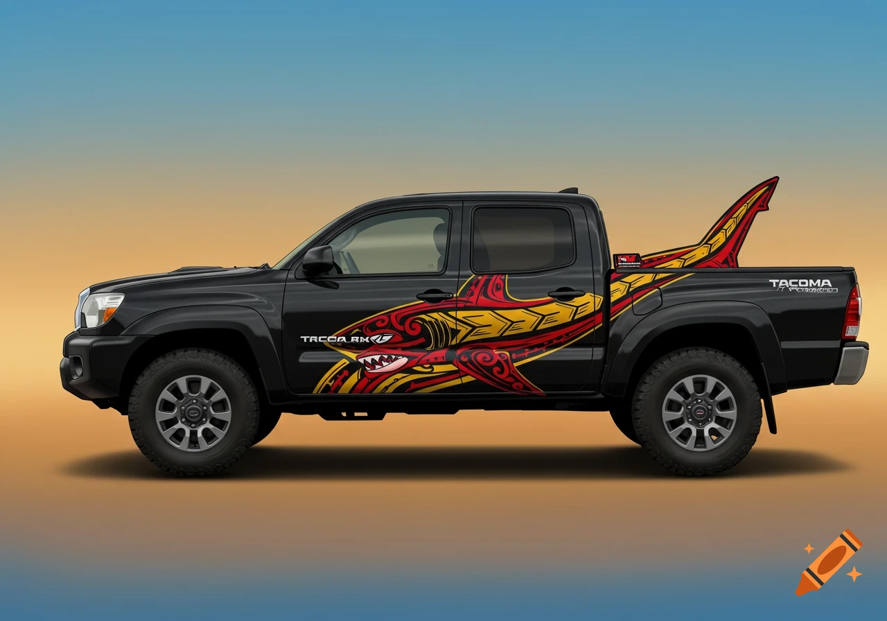 Black Toyota Tacoma pickup truck with red and yellow Polynesian tribal shark art decal on the side
