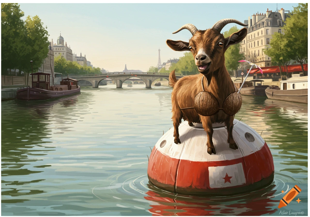 A goat wearing a coconut bra stands on a buoy in the Seine river in Paris.