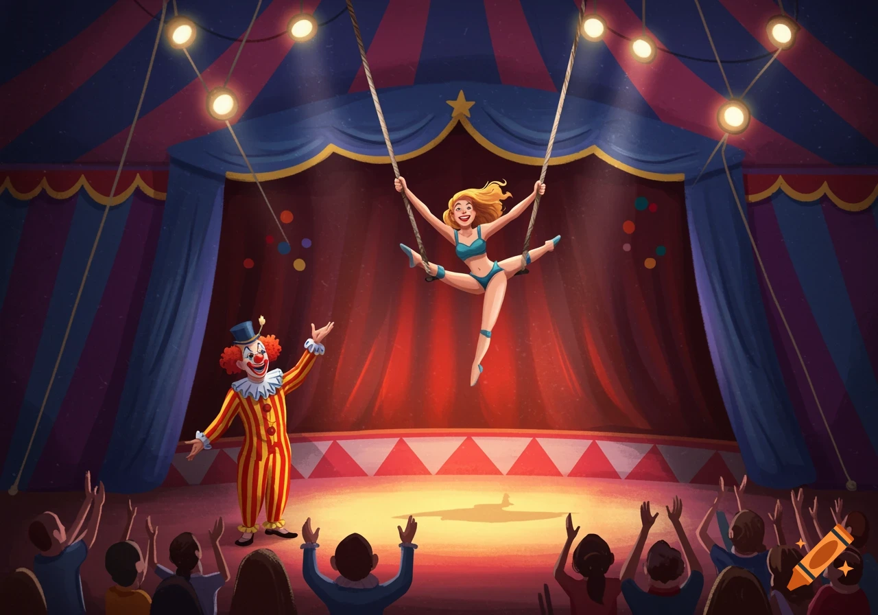 Cartoon illustration of a clown and trapeze artist performing in a circus tent for an audience.