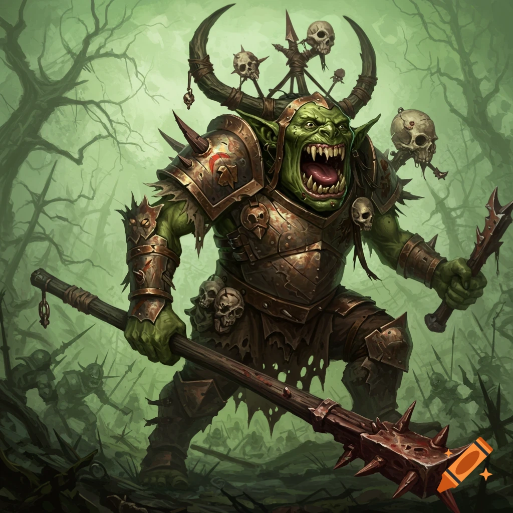 A fearsome orc in spiked armor holds a large mace in a swampy forest.