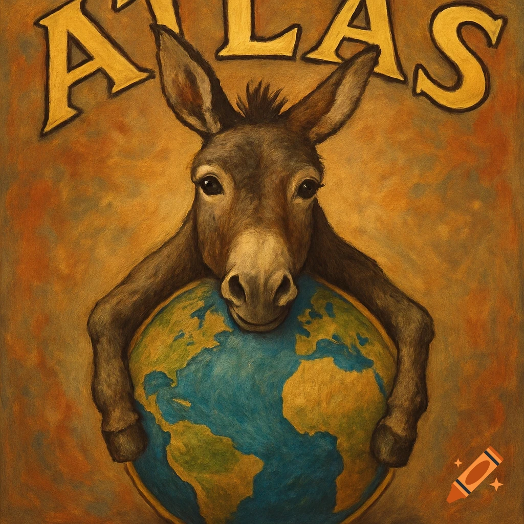 Painting of a donkey holding the Earth globe under the word ATLAS