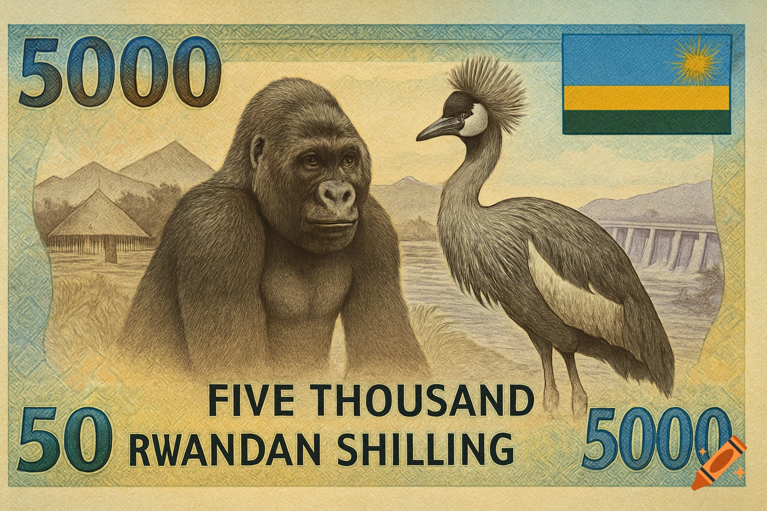 Stylized banknote with a gorilla, a crested crane, mountains, and text '5000' and 'FIVE THOUSAND RWANDAN SHILLING'.