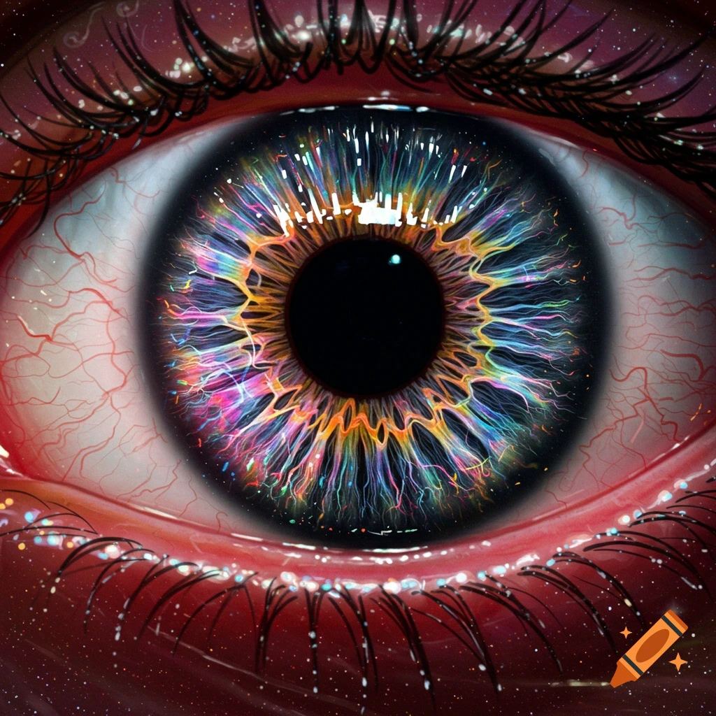 Close-up of a vibrant eye with a colorful, abstract iris resembling fiber optics or a galaxy.