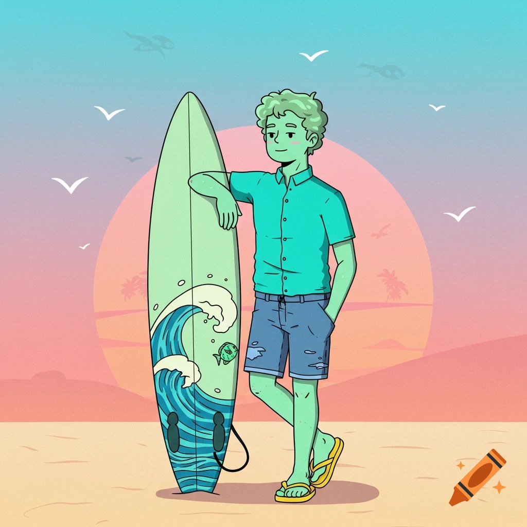 Cartoon illustration of a person standing on a beach with a surfboard at sunset.