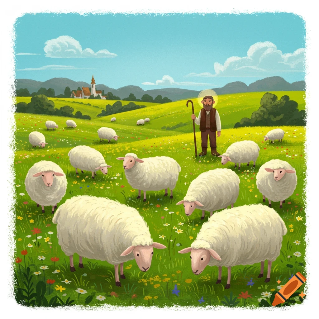 An illustration of a shepherd with a halo standing among sheep in a grassy field with flowers, mountains, and a village in the background.