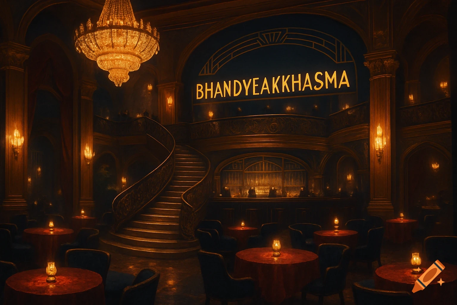 A dimly lit, fancy nightclub interior with a grand chandelier, sweeping staircase, and glowing text "BHANDYEAKKHASMA" on the wall above a bar.