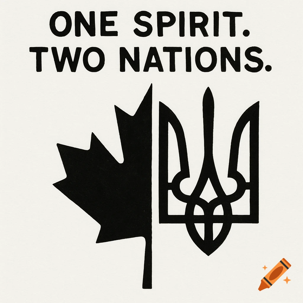Black logo combining a Canadian maple leaf and Ukrainian trident with text "ONE SPIRIT. TWO NATIONS.".