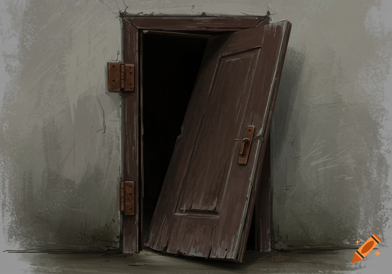An unhinged, dilapidated door leaning against a dark frame.