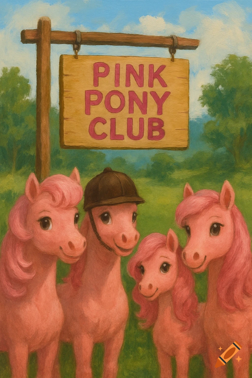 Four pink ponies stand in a field under a sign for the Pink Pony Club, in a painted style.
