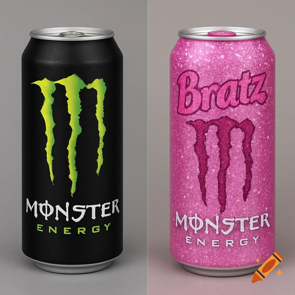 Two soda cans, one black Monster Energy, one pink sparkly Bratz and Monster Energy.