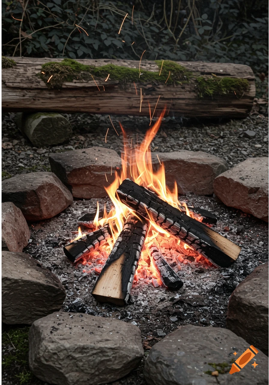 Close-up shot of a campfire with logs burning, surrounded by rocks, and ...