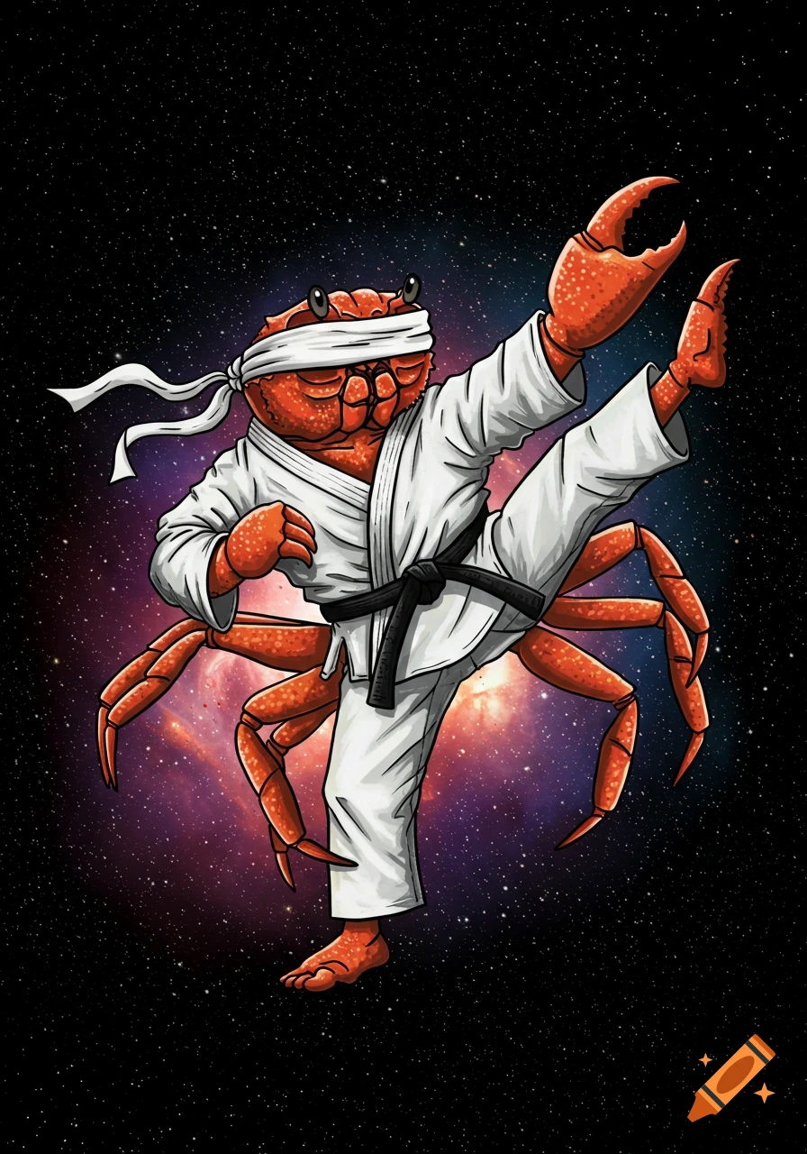 A cartoon crab in a white karate gi and blindfold does a high kick against a starry galaxy background.