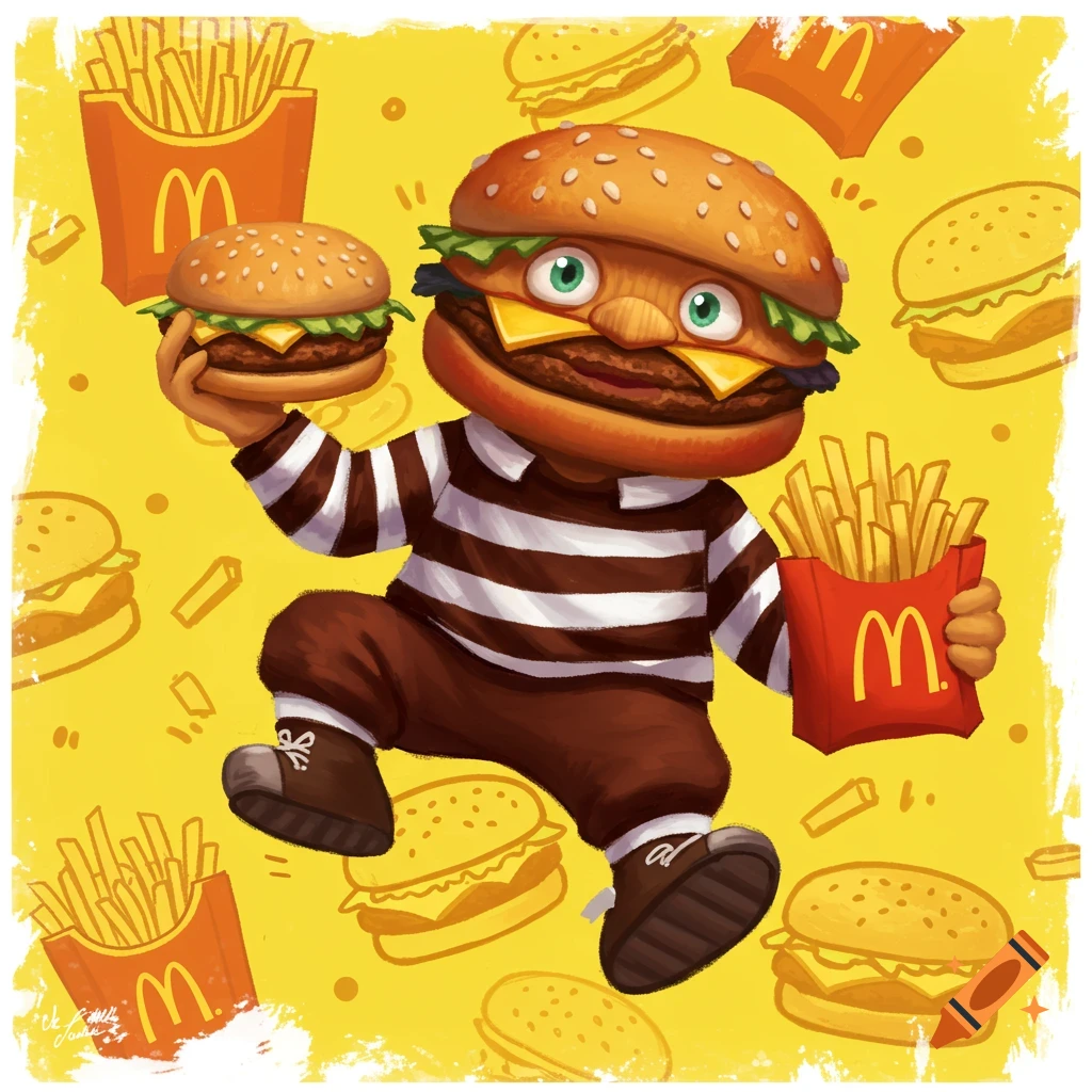 Cartoon character with a burger head wearing a striped shirt, holding a burger and McDonald's fries on a yellow background.