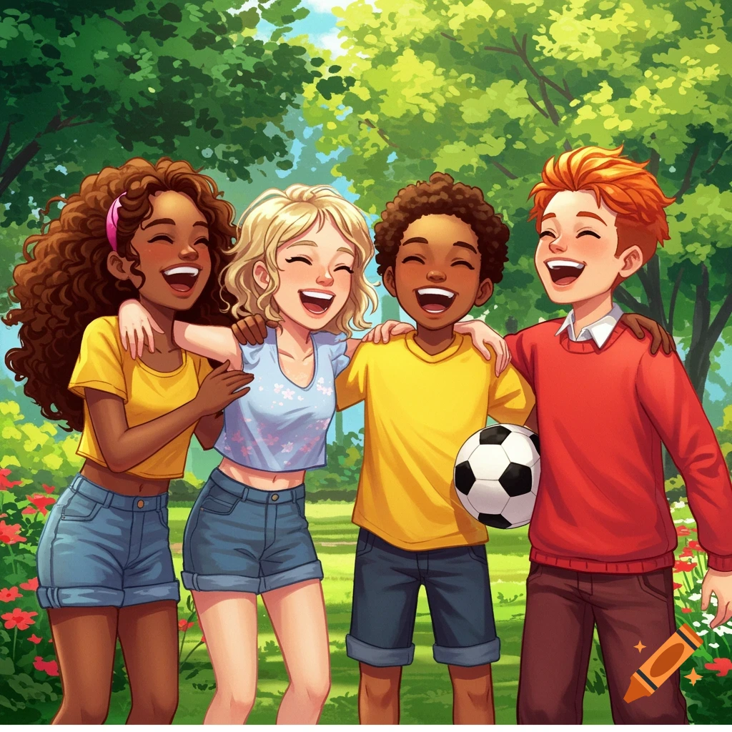 Four cartoon kids laugh and hug with a soccer ball in a park.