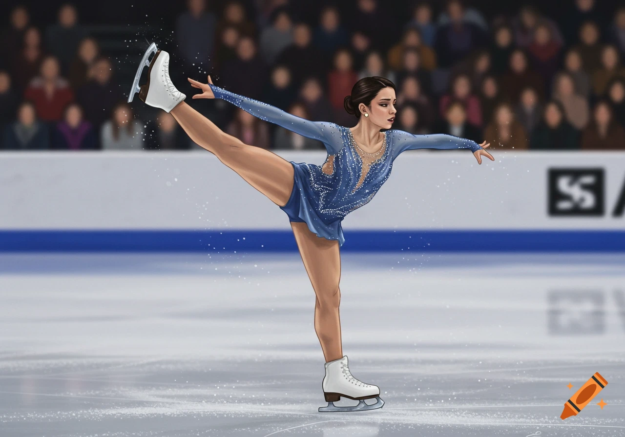 A figure skater in a blue costume performs a pose on the ice in a stadium, digital painting.