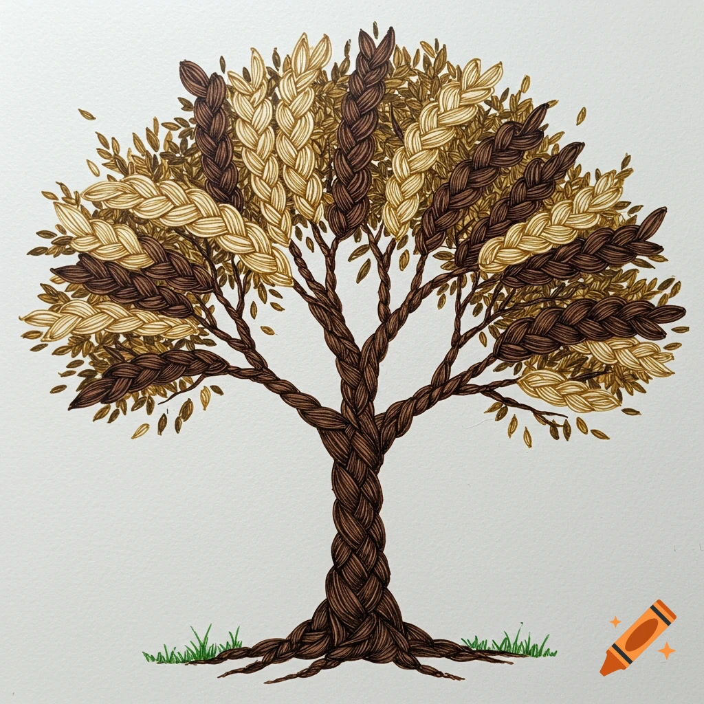 Drawing of a tree with a braided trunk and braided leaves in brown and gold.