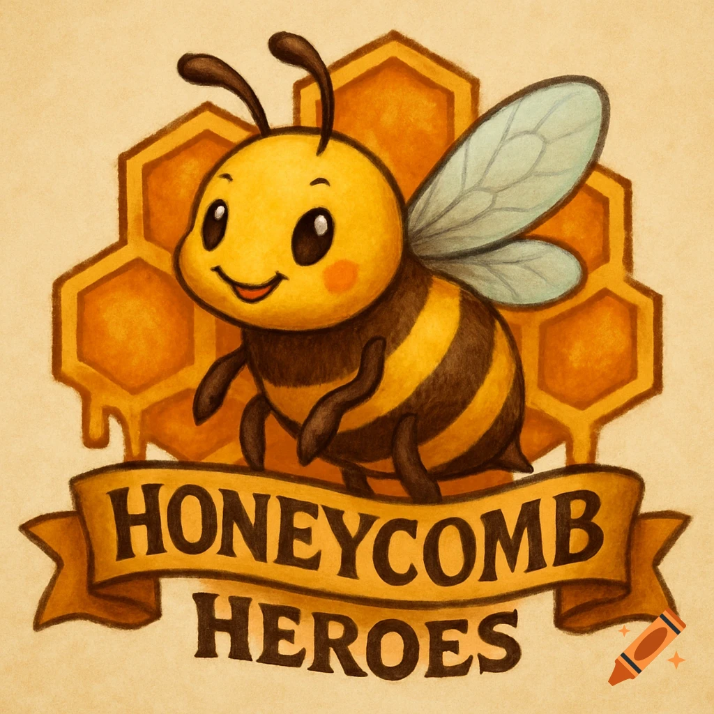 Cartoon bee mascot in front of honeycomb with "HONEYCOMB HEROES" text on a banner.