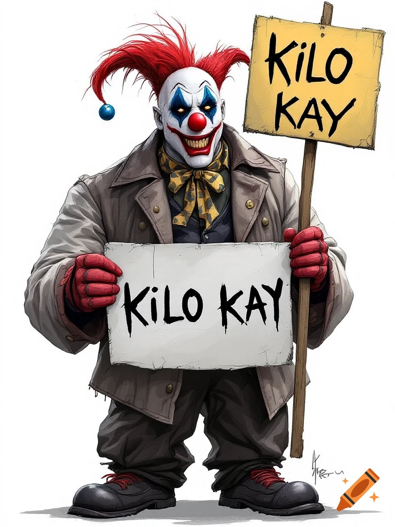 Illustration of a scary clown holding two signs that say KILO KAY
