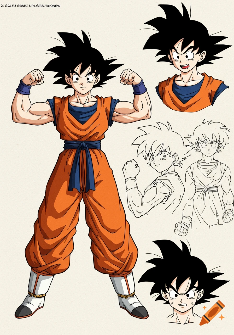 Anime model sheet of Goku with multiple views, including flexing