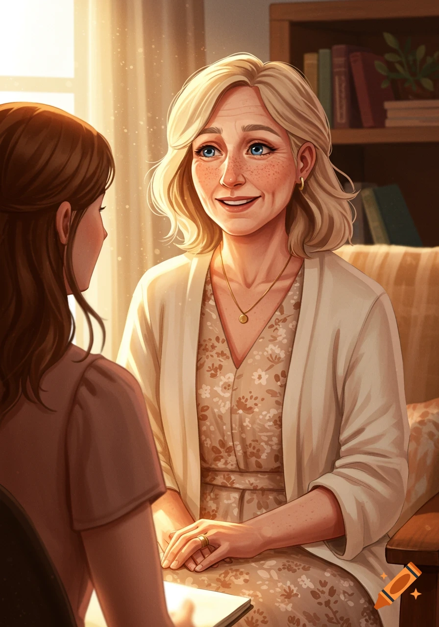 Illustration of an older woman with blonde hair and freckles counseling a younger woman in a sunlit room.