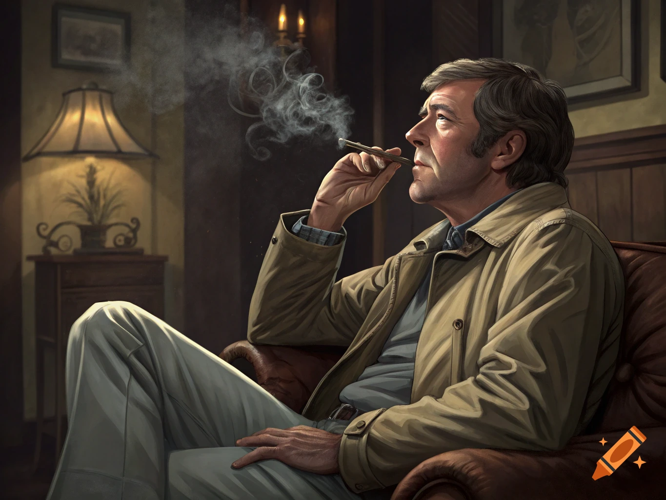Realistic painting of a man in a trench coat smoking a cigar while sitting in a leather chair.