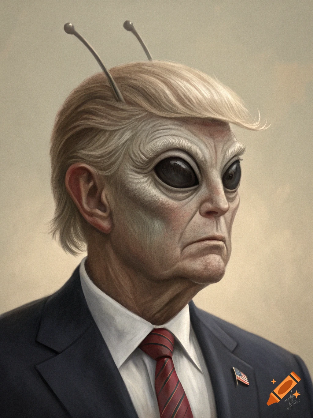 Realistic portrait of an alien figure with Donald Trump's hairstyle wearing a suit