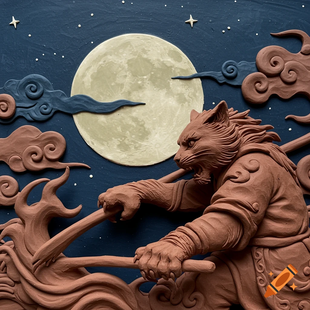Clay sculpture of a cat-like creature in robes slashing with a staff against a dark sky with a full moon and stylized clouds.