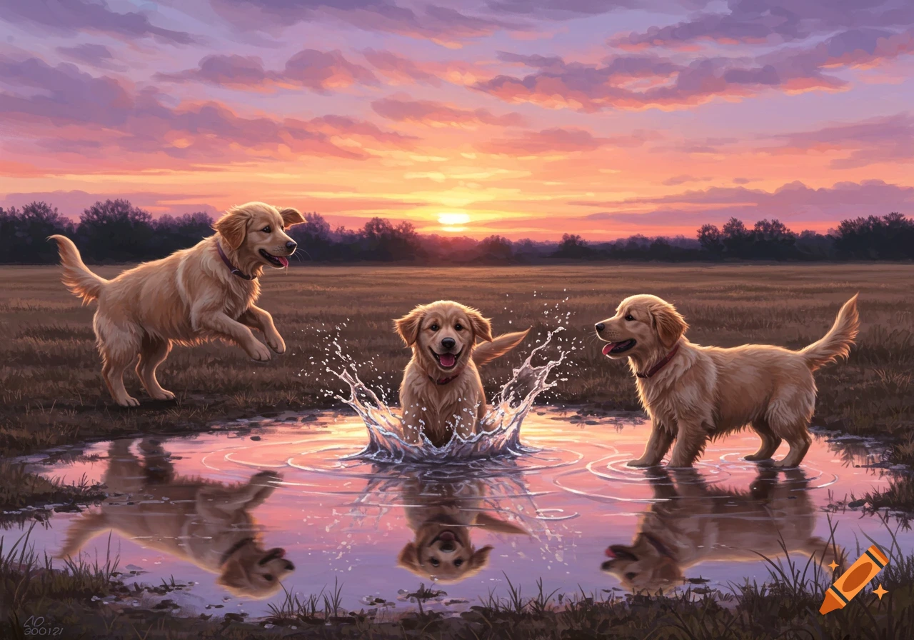 Three golden retriever puppies splash in a puddle with a pink and purple sunset reflected on the water.