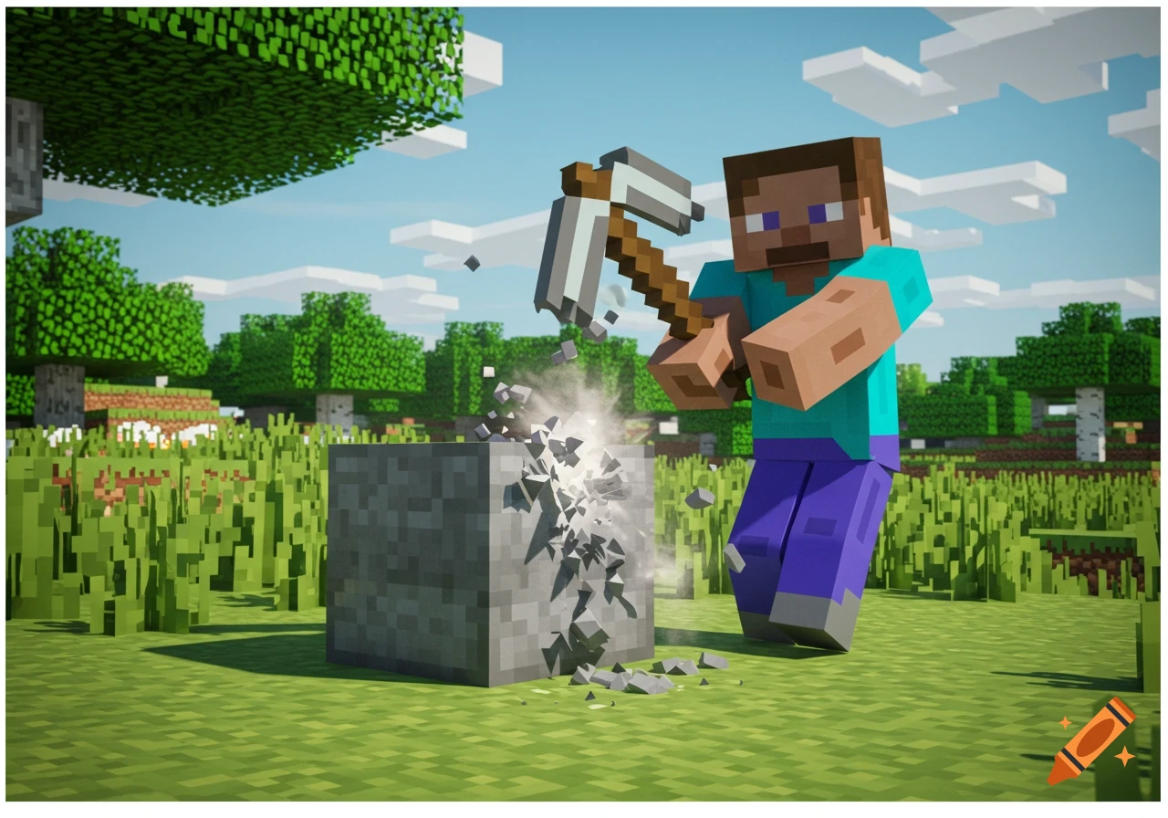 Minecraft character Steve breaking a stone block with a pickaxe