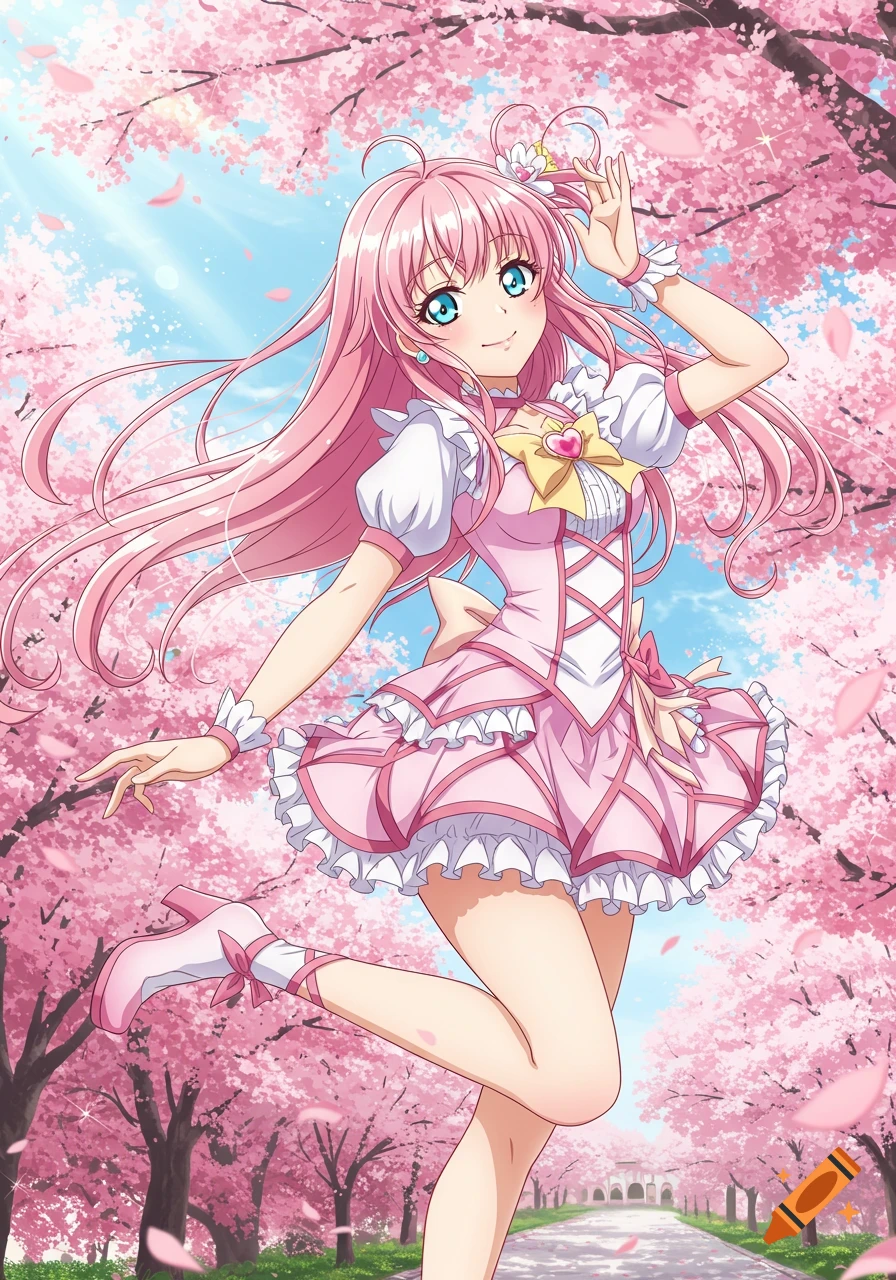 Anime girl with pink hair and pink dress smiles under cherry blossoms.