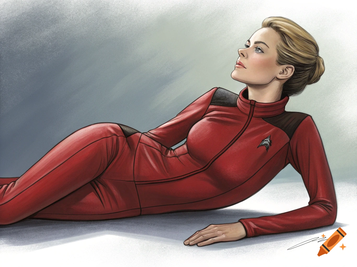 Illustration of a woman in a red Starfleet uniform lying down, looking up.