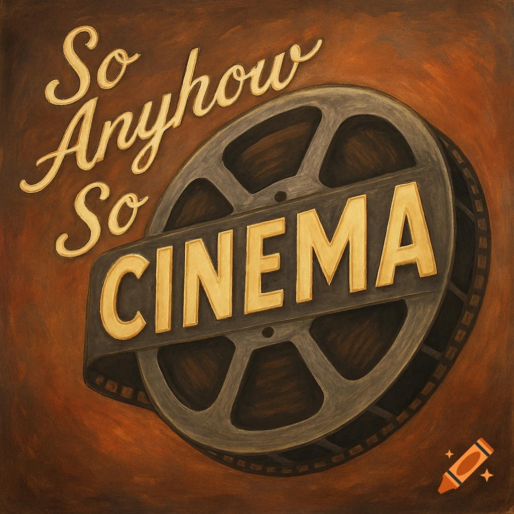 Vintage-style illustration of a film reel with 'CINEMA' on it and 'So Anyhow So' text in a scripted font.