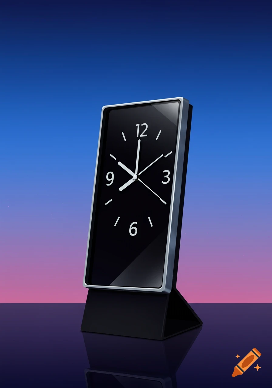 A standing rectangular digital clock with hands on a black face against a gradient background with reflection.