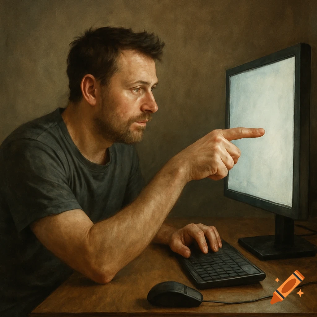 Man pointing at a blank computer screen at a desk with a keyboard and mouse, painting style