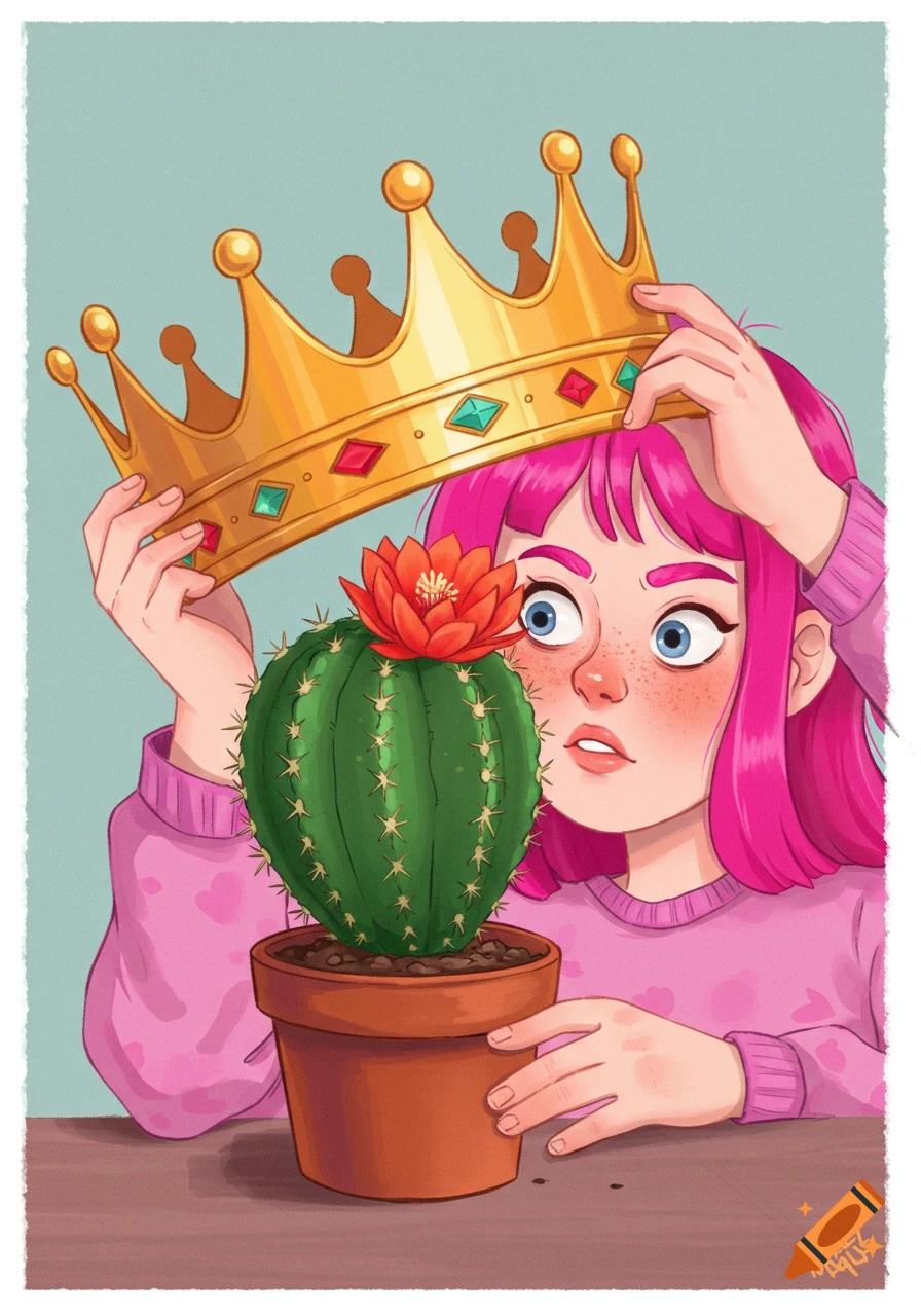 Cartoon illustration of a girl placing a gold crown on a flowering cactus