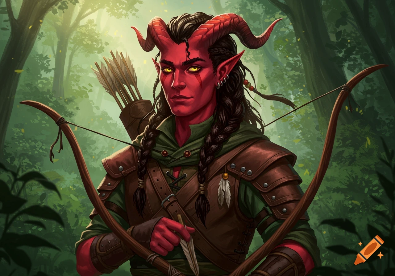 A Tiefling ranger with red skin, horns, and braided hair, holding a bow and arrow in a forest.