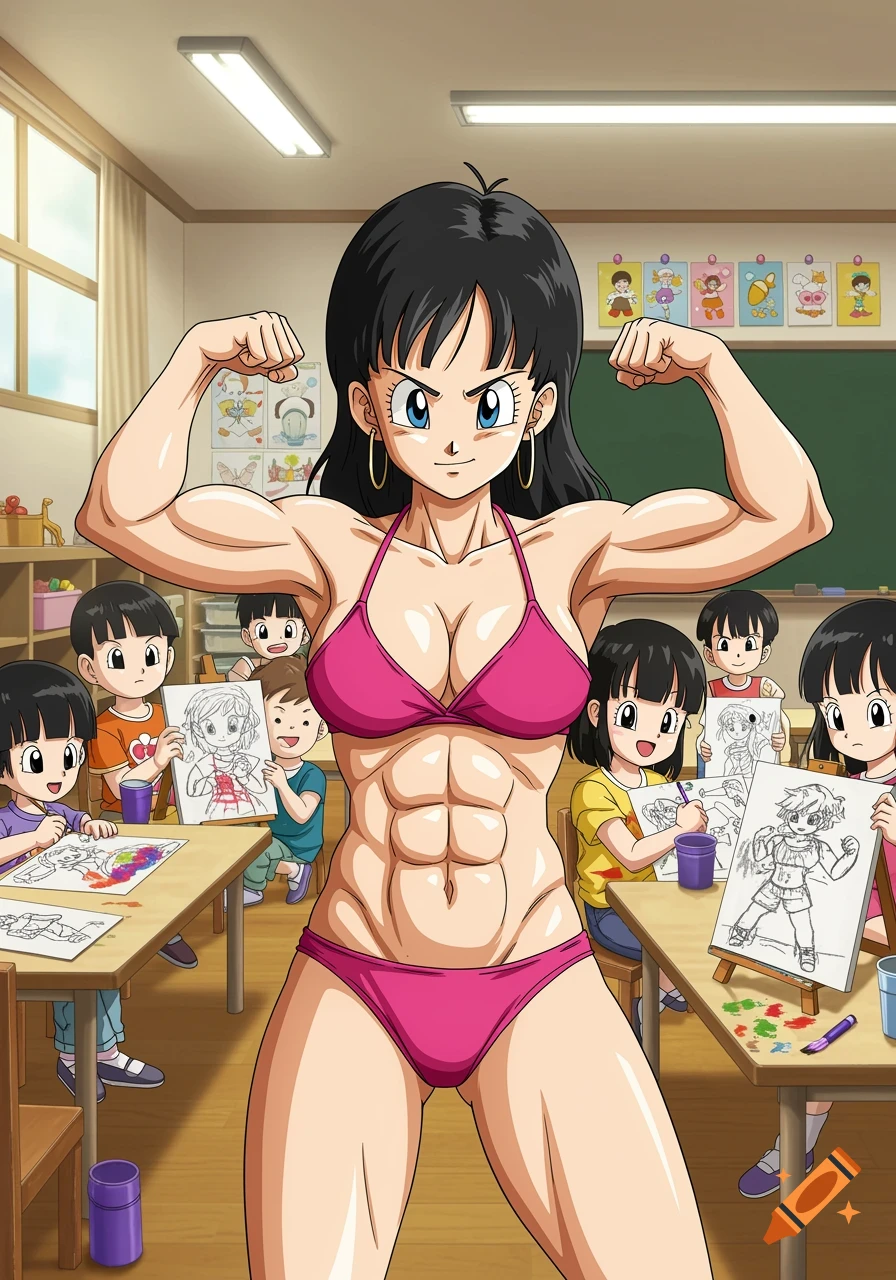 Anime character Videl in bikini flexing muscles in a classroom while children draw her.