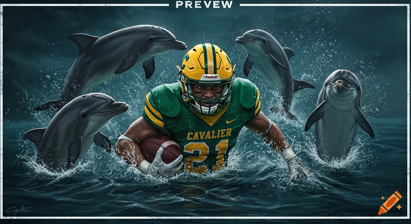 A football player runs through choppy water surrounded by four jumping dolphins.