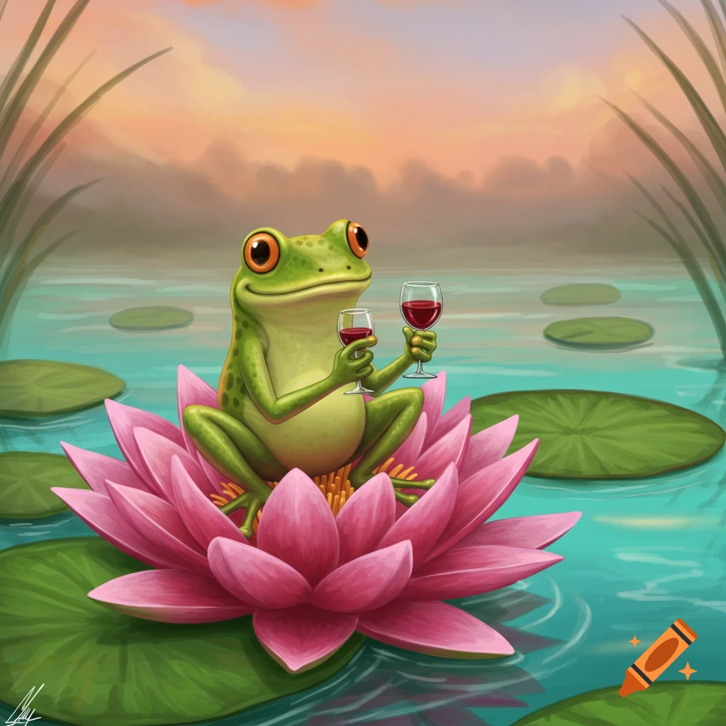 Illustration of a cartoon frog sitting on a pink water lily, holding two glasses of red wine in a pond at sunset.