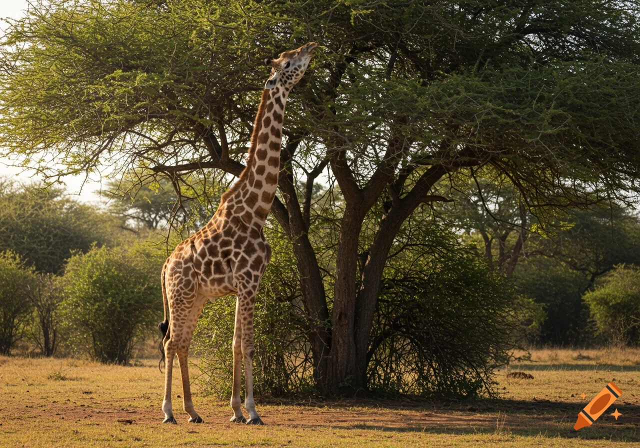 A giraffe reaches up to eat leaves from a large tree in a sunlit savanna.