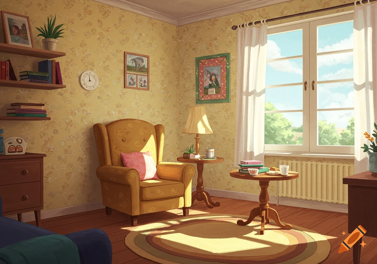 Illustration of a cozy living room with an armchair, window, bookshelf, and pictures.