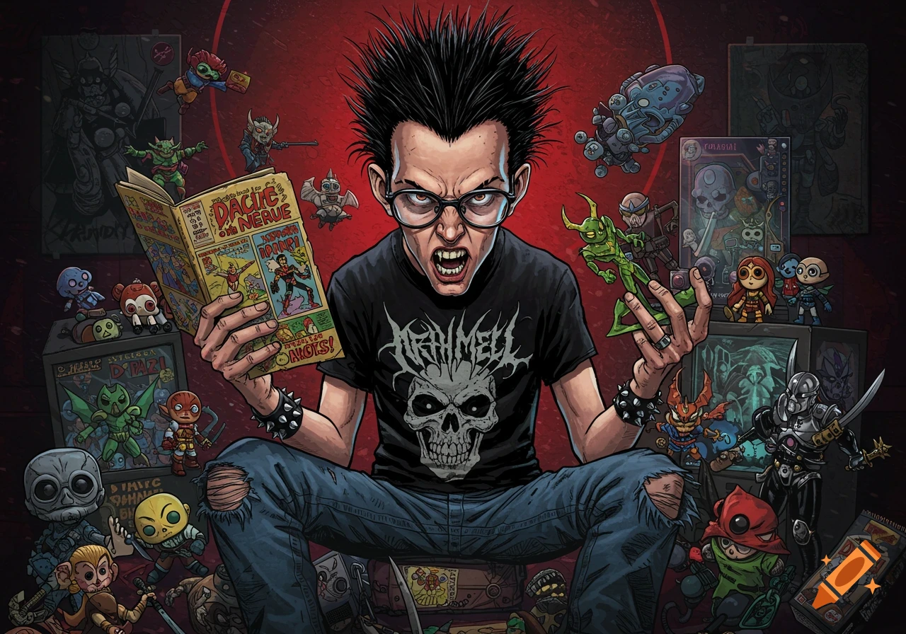 Illustrated punk nerd holds a comic book and toy, surrounded by other cartoonish toys.